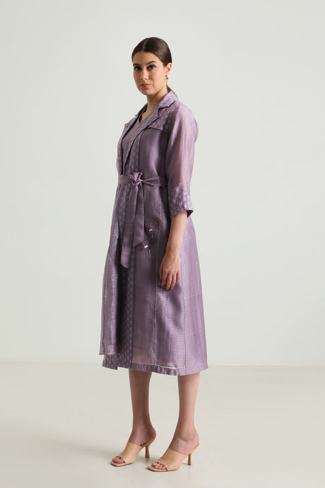 Model wearing the lavender Organza Jacket set with carnation embroidery, angled front view