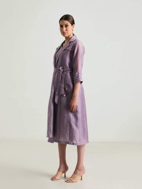 Lavender Carnation Embroided Organza Jacket and Silk Chanderi Dress, three quarter view
