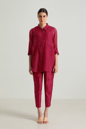 Carnation Embroided Shirt in Cotton Chanderi and Straight Pant in Silk Chanderi - Two-Piece Set - Mizyana