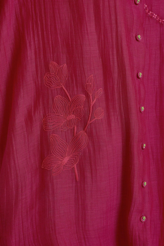 Carnation Embroided Shirt in Cotton Chanderi and Straight Pant in Silk Chanderi - Two-Piece Set - Mizyana