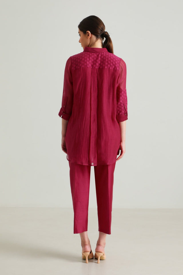 Carnation Embroided Shirt in Cotton Chanderi and Straight Pant in Silk Chanderi - Two-Piece Set - Mizyana