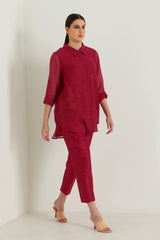 Carnation Embroided Shirt in Cotton Chanderi and Straight Pant in Silk Chanderi - Two-Piece Set - Mizyana
