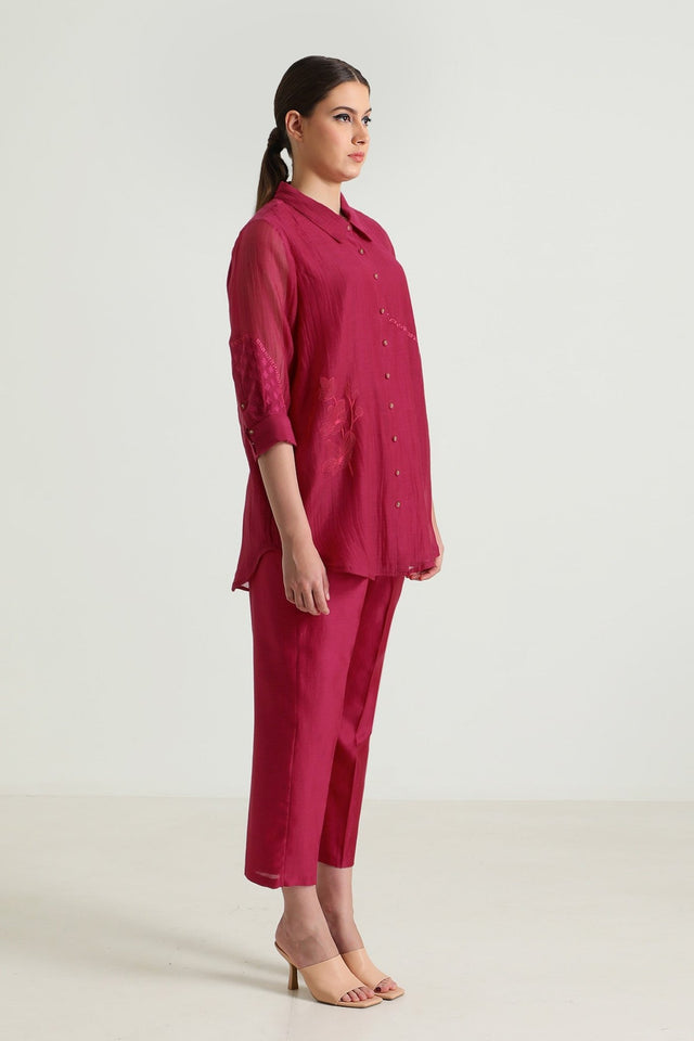 Carnation Embroided Shirt in Cotton Chanderi and Straight Pant in Silk Chanderi - Two-Piece Set - Mizyana