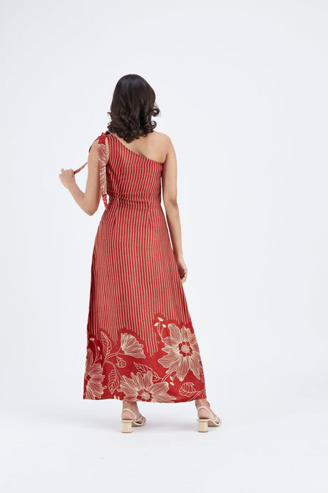 Back view of the Cecilia Red dress with hand at the shoulder tie