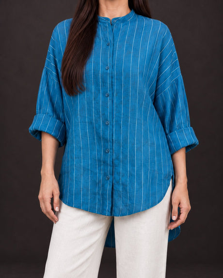 Celeste Blue Striped Linen Oversized Shirt - Shirt - Mizyana