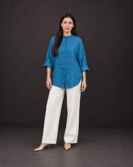 Celeste Blue Striped Linen Oversized Shirt - Shirt - Mizyana