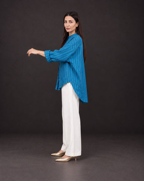 Celeste Blue Striped Linen Oversized Shirt - Shirt - Mizyana