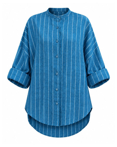Celeste Blue Striped Linen Oversized Shirt - Shirt - Mizyana