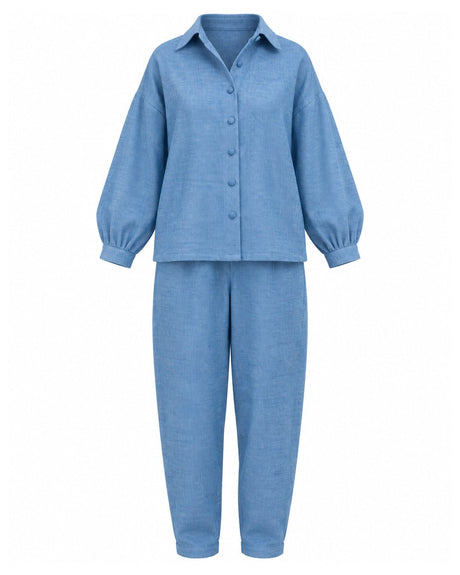 Cerulean Khadi Cotton Oversized Shirt and Pants Co-ord Set - Co-ord Set - Mizyana