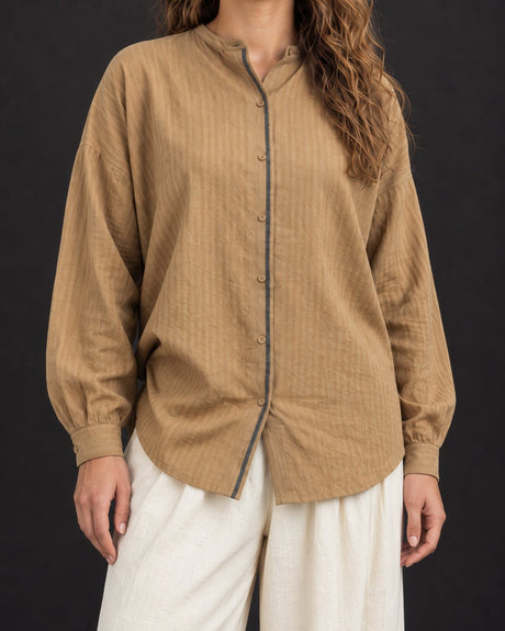 Cha Tan Self-Checked Handwoven Cotton Oversized Shirt - Shirt - Mizyana