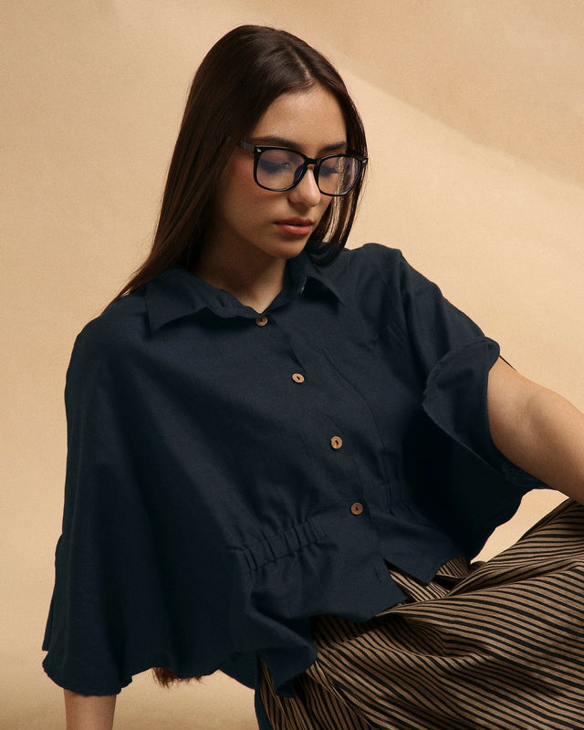 Charcoal Collar Crop Top & Brown Box Pleated Skirt Set (2 PCS) - Two-Piece Set - Mizyana