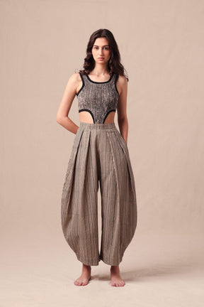 Charcoal Striped Bodysuit & Barrel Pants Co-Ord Set (2 PCS) - Two-Piece Set - Mizyana