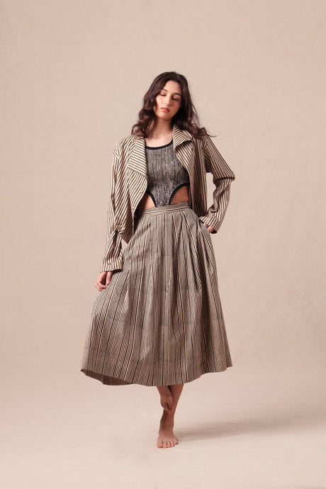 Charcoal Striped Bodysuit Box Pleated Skirt and Crop Jacket Co-Ord Set (3 PCS) - Three-Piece Set - Mizyana