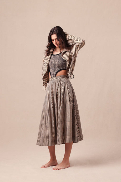 Charcoal Striped Bodysuit Box Pleated Skirt and Crop Jacket Co-Ord Set (3 PCS) - Three-Piece Set - Mizyana