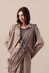 Charcoal Striped Bodysuit Crop Jacket & Drawstring Mul Saree Set (3 PCS) - Three-Piece Set - Mizyana