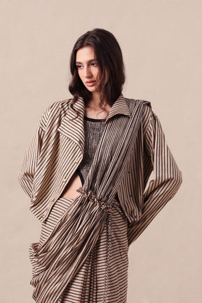 Charcoal Striped Bodysuit Crop Jacket & Drawstring Mul Saree Set (3 PCS) - Three-Piece Set - Mizyana