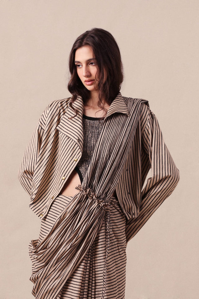 Charcoal Striped Bodysuit Crop Jacket & Drawstring Mul Saree Set (3 PCS) - Three-Piece Set - Mizyana