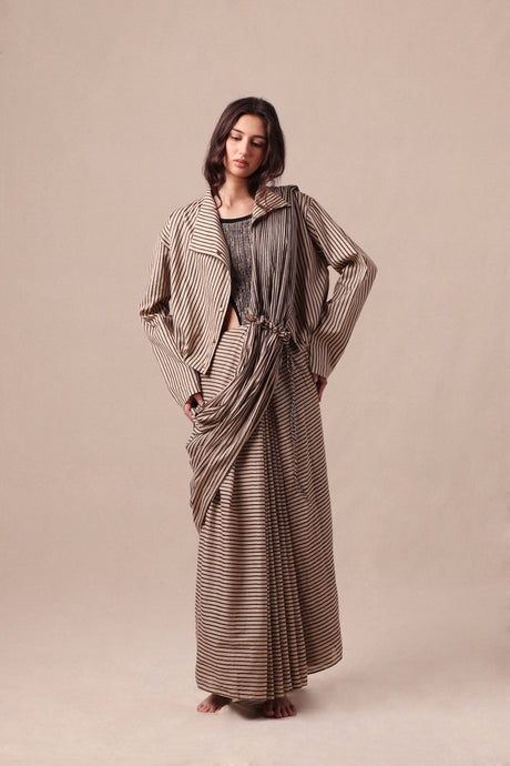 Charcoal Striped Bodysuit Crop Jacket & Drawstring Mul Saree Set (3 PCS) - Three-Piece Set - Mizyana
