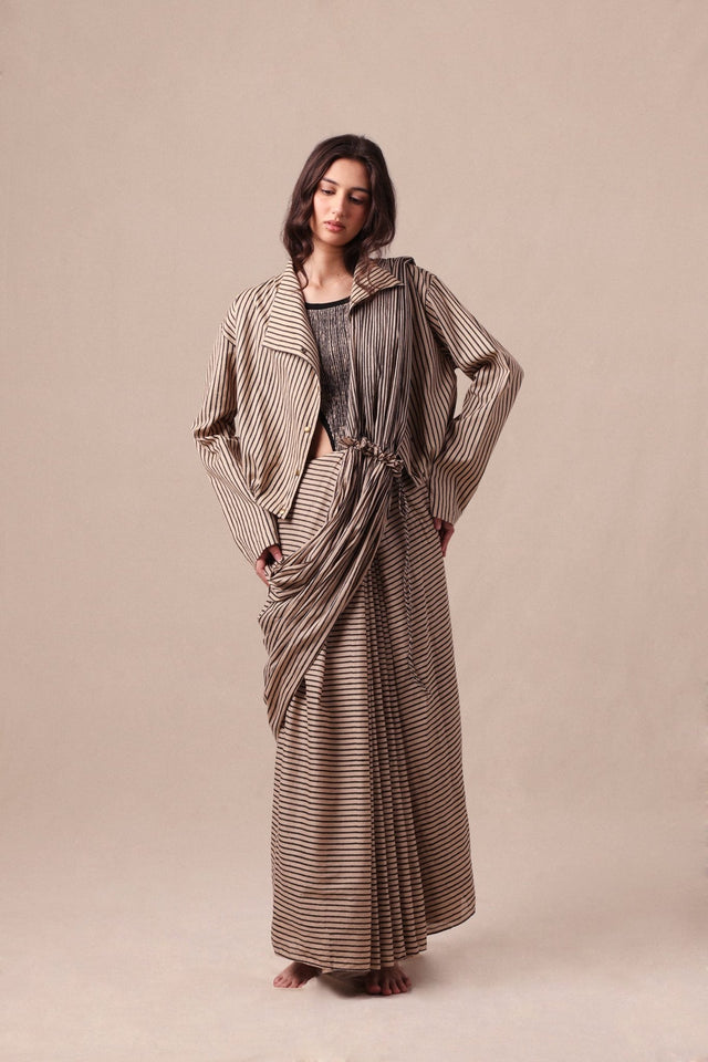 Charcoal Striped Bodysuit Crop Jacket & Drawstring Mul Saree Set (3 PCS) - Three-Piece Set - Mizyana