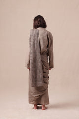 Charcoal Striped Bodysuit Crop Jacket & Drawstring Mul Saree Set (3 PCS) - Three-Piece Set - Mizyana