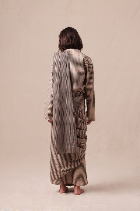 Charcoal Striped Bodysuit Crop Jacket & Drawstring Mul Saree Set (3 PCS) - Three-Piece Set - Mizyana