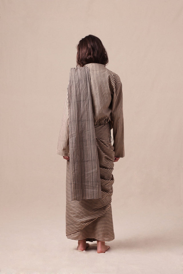 Charcoal Striped Bodysuit Crop Jacket & Drawstring Mul Saree Set (3 PCS) - Three-Piece Set - Mizyana