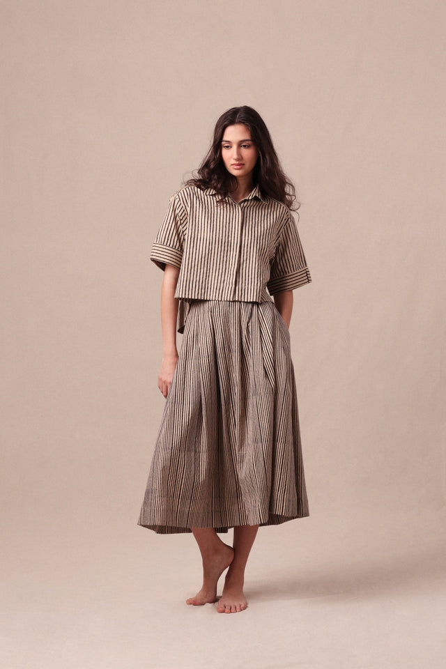 Charcoal Striped Box Pleated Skirt - Skirt - Mizyana