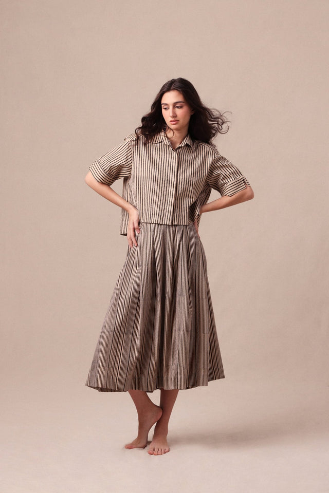 Charcoal Striped Box Pleated Skirt - Skirt - Mizyana