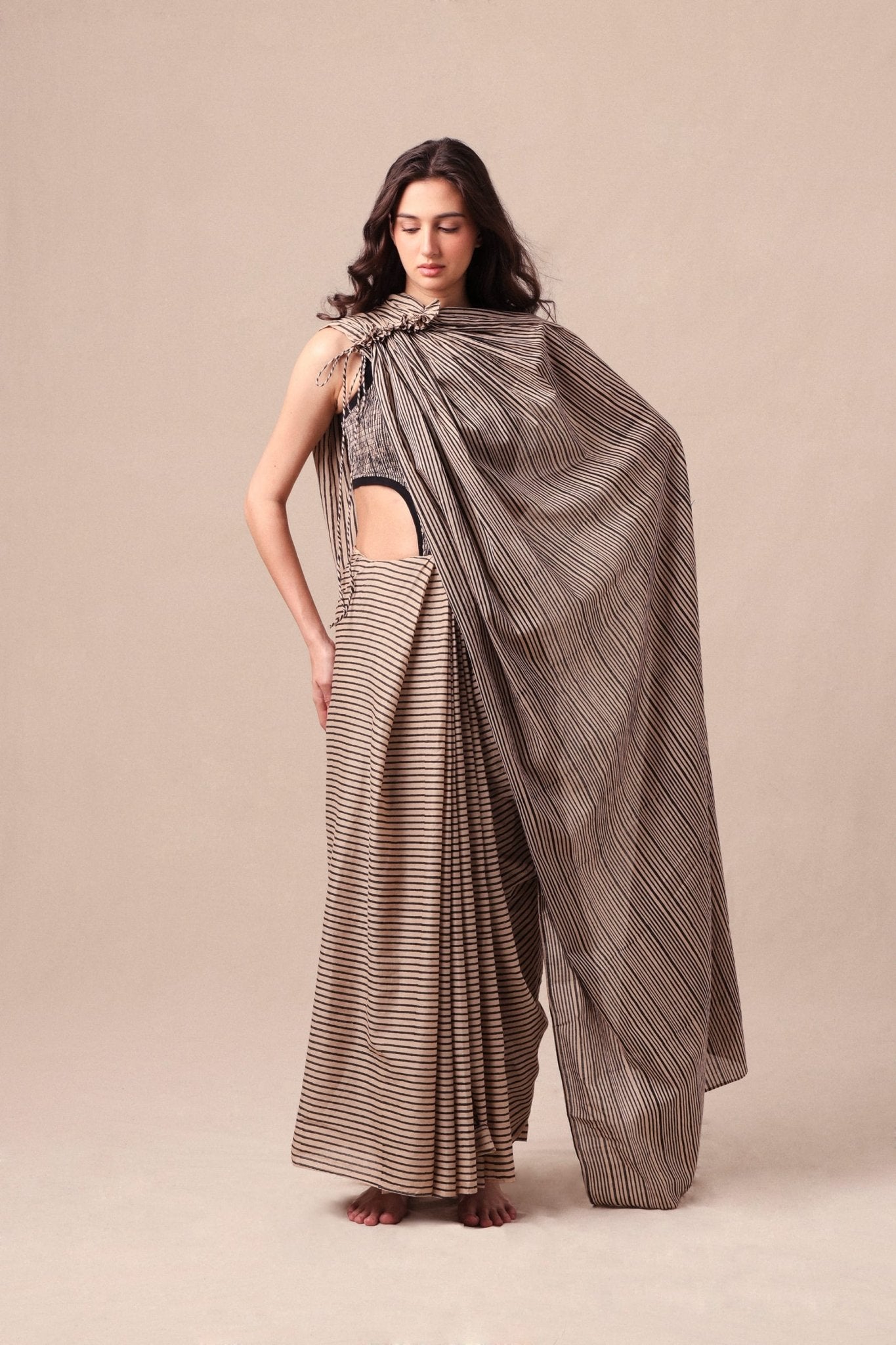 Charcoal Striped Drawstring Mul Saree - Mizyana