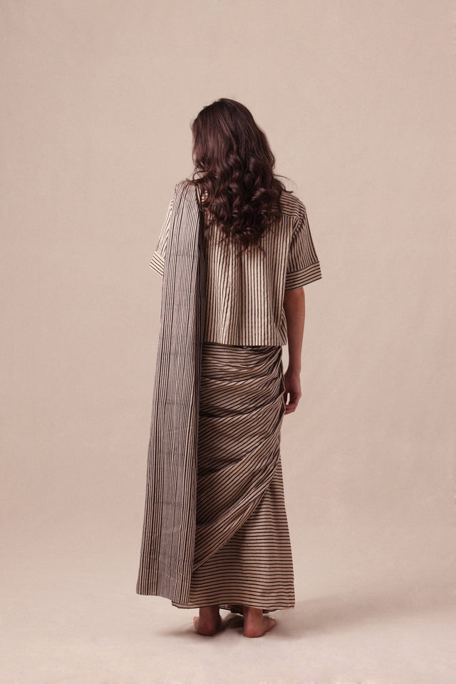 Charcoal Striped Ekin Shirt & Drawstring Mul Saree Set (2 PCS) - Two-Piece Set - Mizyana