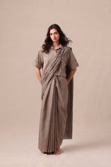 Charcoal Striped Ekin Shirt & Drawstring Mul Saree Set (2 PCS) - Two-Piece Set - Mizyana
