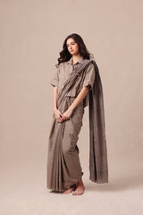 Charcoal Striped Ekin Shirt & Drawstring Mul Saree Set (2 PCS) - Two-Piece Set - Mizyana