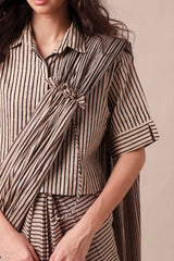 Charcoal Striped Ekin Shirt & Drawstring Mul Saree Set (2 PCS) - Two-Piece Set - Mizyana