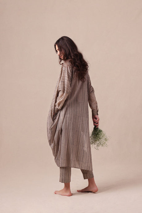 Side back view of the Charcoal Striped Shirt Cowl Tunic & SE Pants set showing the draped cowl hem