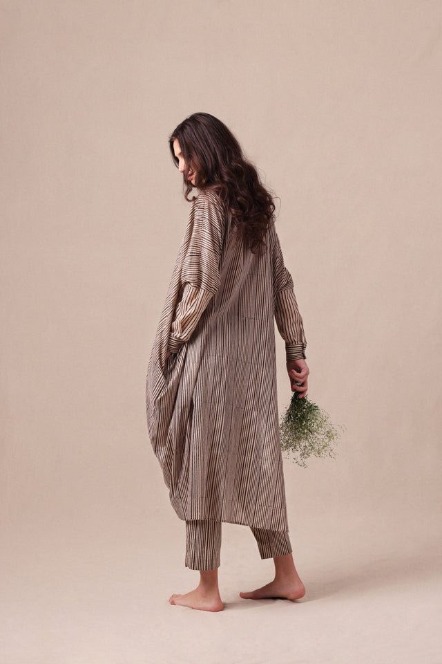 Charcoal Striped Shirt Cowl Tunic & SE Pants Co-Ord Set (2 PCS) - Two-Piece Set - Mizyana