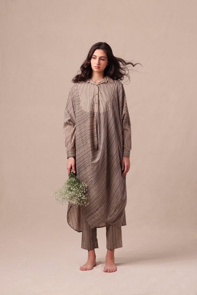 Charcoal Striped Shirt Cowl Tunic & SE Pants Co-Ord Set (2 PCS) - Two-Piece Set - Mizyana