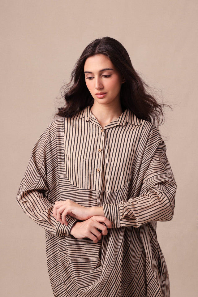 Charcoal Striped Shirt Cowl Tunic & SE Pants Co-Ord Set (2 PCS) - Two-Piece Set - Mizyana