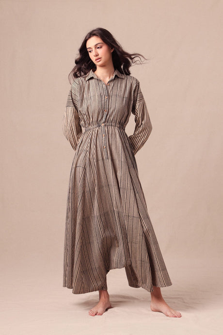 Charcoal Striped Shirt Sphara Jumpsuit by MATI with collar, long sleeves and gathered waist, model front view