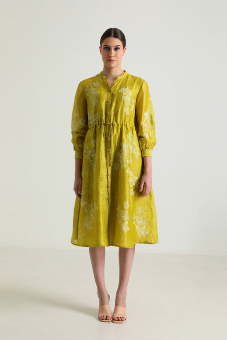 Chartruese Dress with Carnation Print In Silk Chanderi - Dress - Mizyana