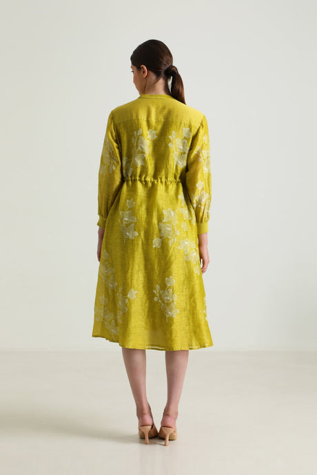 Chartruese Dress with Carnation Print In Silk Chanderi - Dress - Mizyana