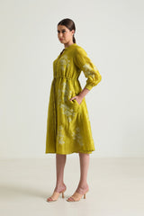 Chartruese Dress with Carnation Print In Silk Chanderi - Dress - Mizyana