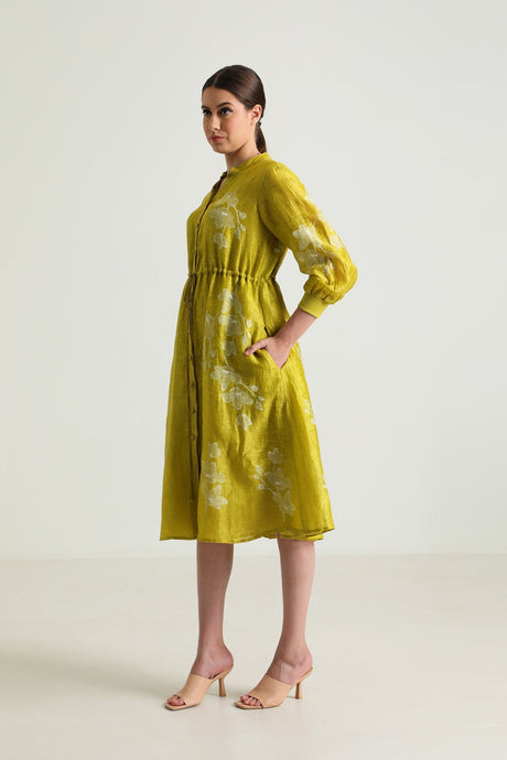 Chartruese Dress with Carnation Print In Silk Chanderi - Dress - Mizyana