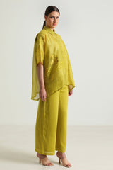 Chartruese Lace Shirt with Linen Wide leg Pants - Two-Piece Set - Mizyana