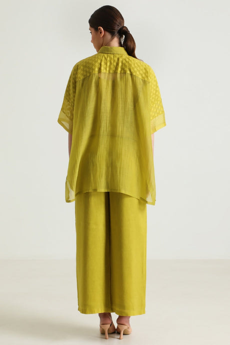 Chartruese Lace Shirt with Linen Wide leg Pants - Two-Piece Set - Mizyana