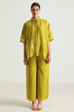 Chartruese Lace Shirt with Linen Wide leg Pants - Two-Piece Set - Mizyana
