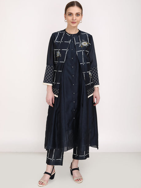 Checks & Roses Short Jacket + Tunic + Pants - Three-Piece Set - Mizyana