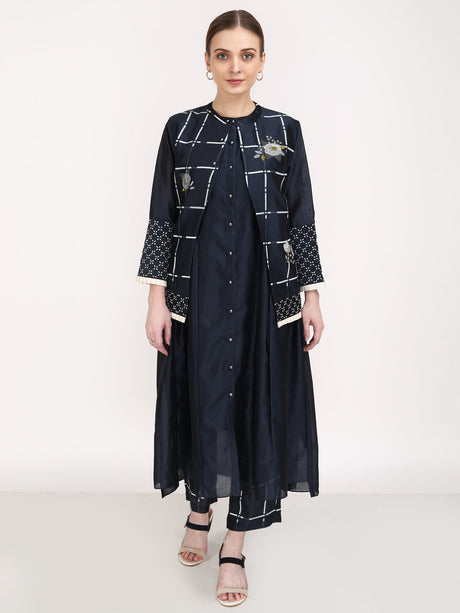Checks & Roses Short Jacket + Tunic + Pants - Three-Piece Set - Mizyana