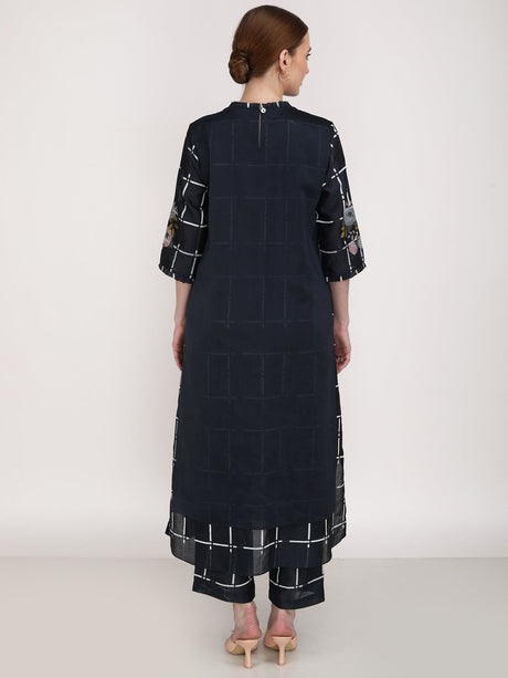 Navy Checks & Roses Tunic with checked pants, full length back view