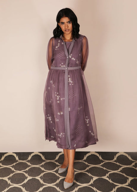 Model wearing the mauve Cherry Blossom Double Layer Dress with belt, front view