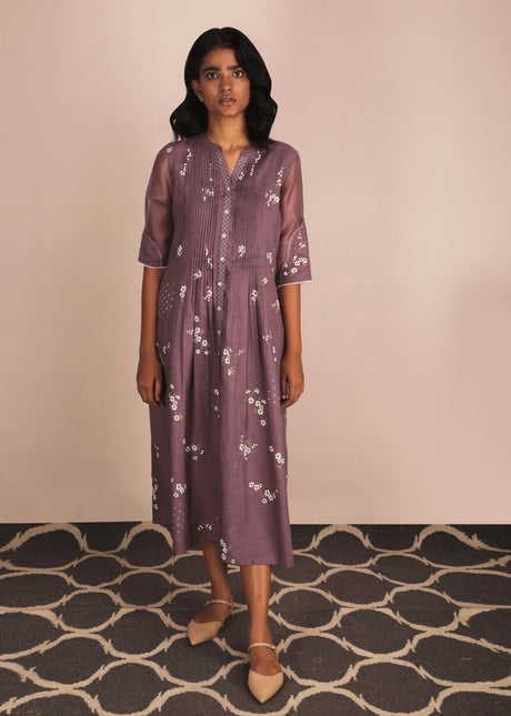 Cherry Blossom Lavender Dress by ARCVSH by Pallavi Singh with sheer sleeves and floral print, front view